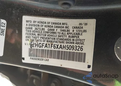 2010 Honda Civic Lx-S из США, поврежденный, VIN 2HGFA1F6XAH509326